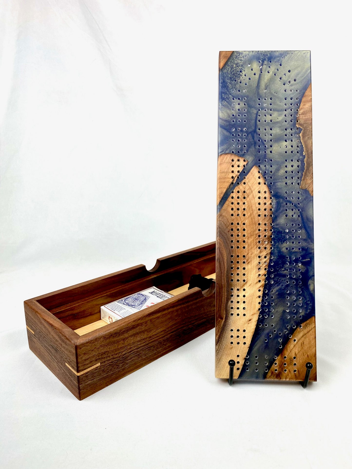 Handcrafted Walnut and Resin Cribbage Board with Storage Box