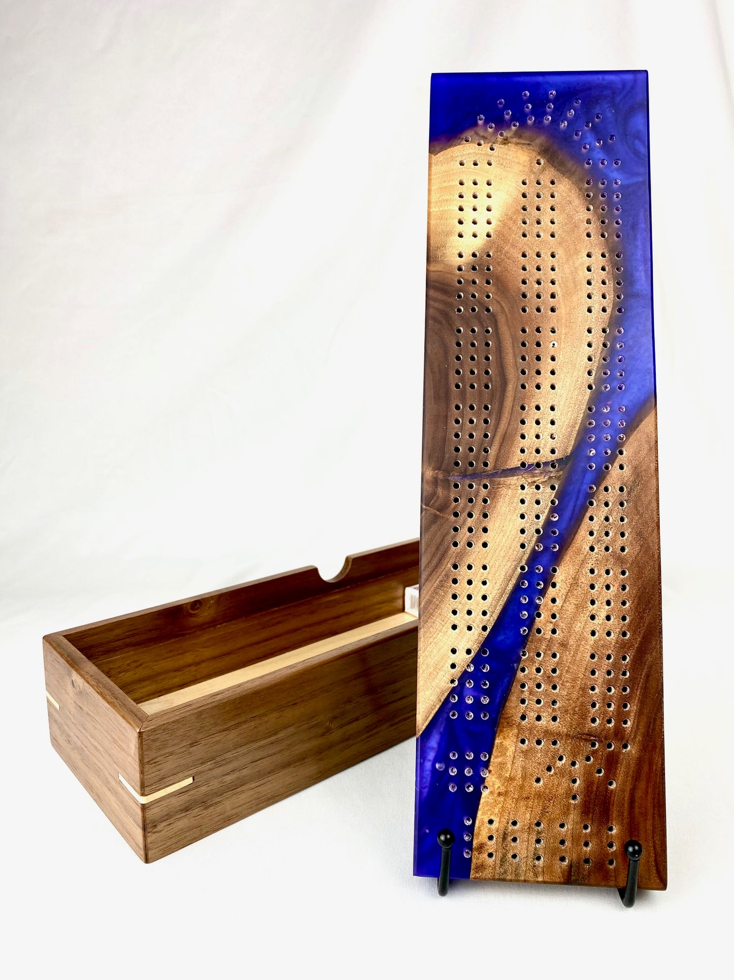 Handcrafted Walnut and Resin Cribbage Board with Storage Box