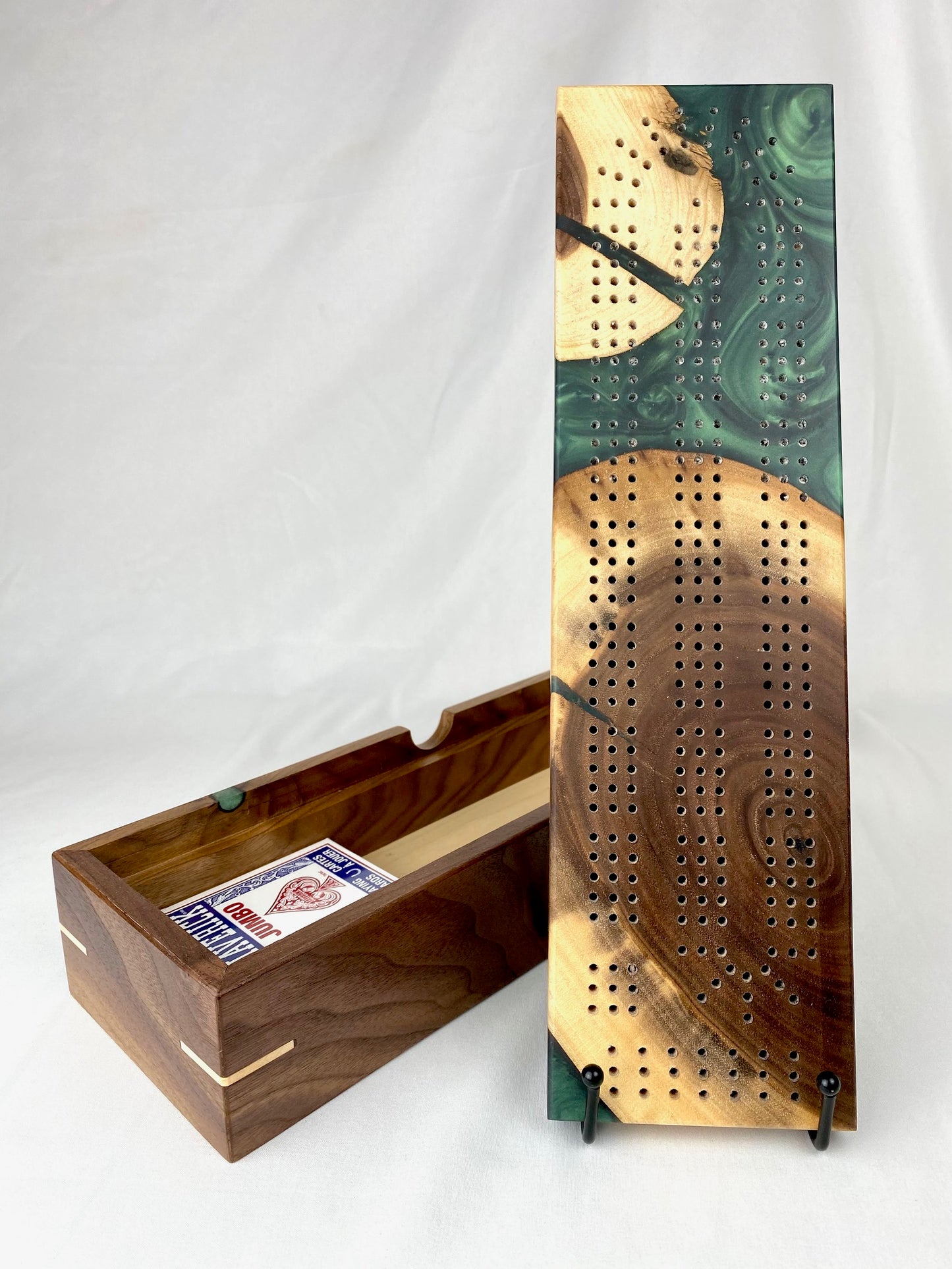 Handcrafted Walnut and Resin Cribbage Board with Storage Box