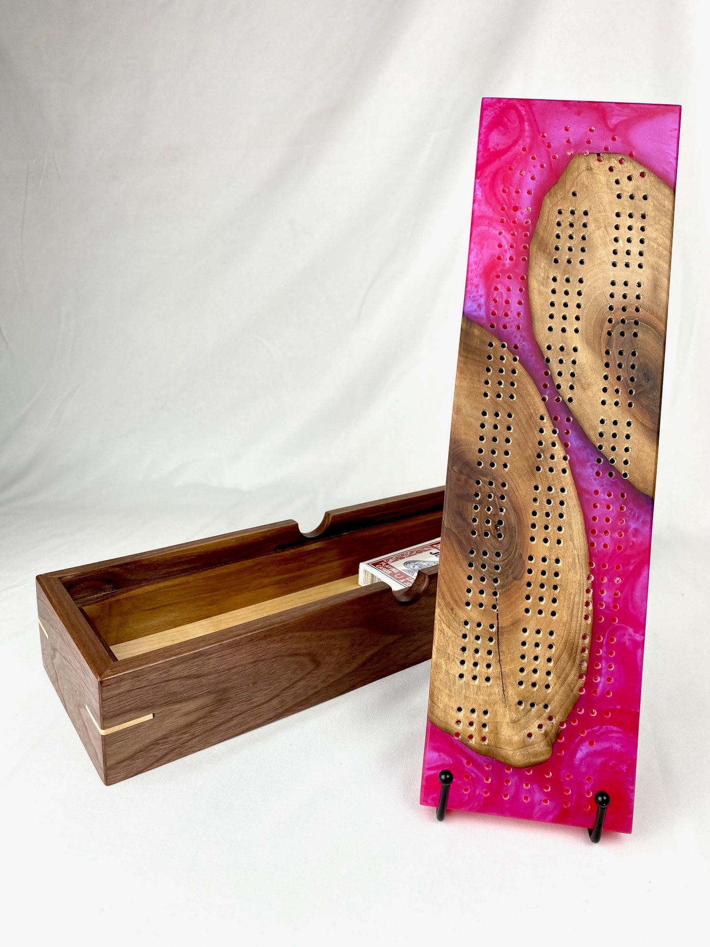 Handcrafted Walnut and Resin Cribbage Board with Storage Box