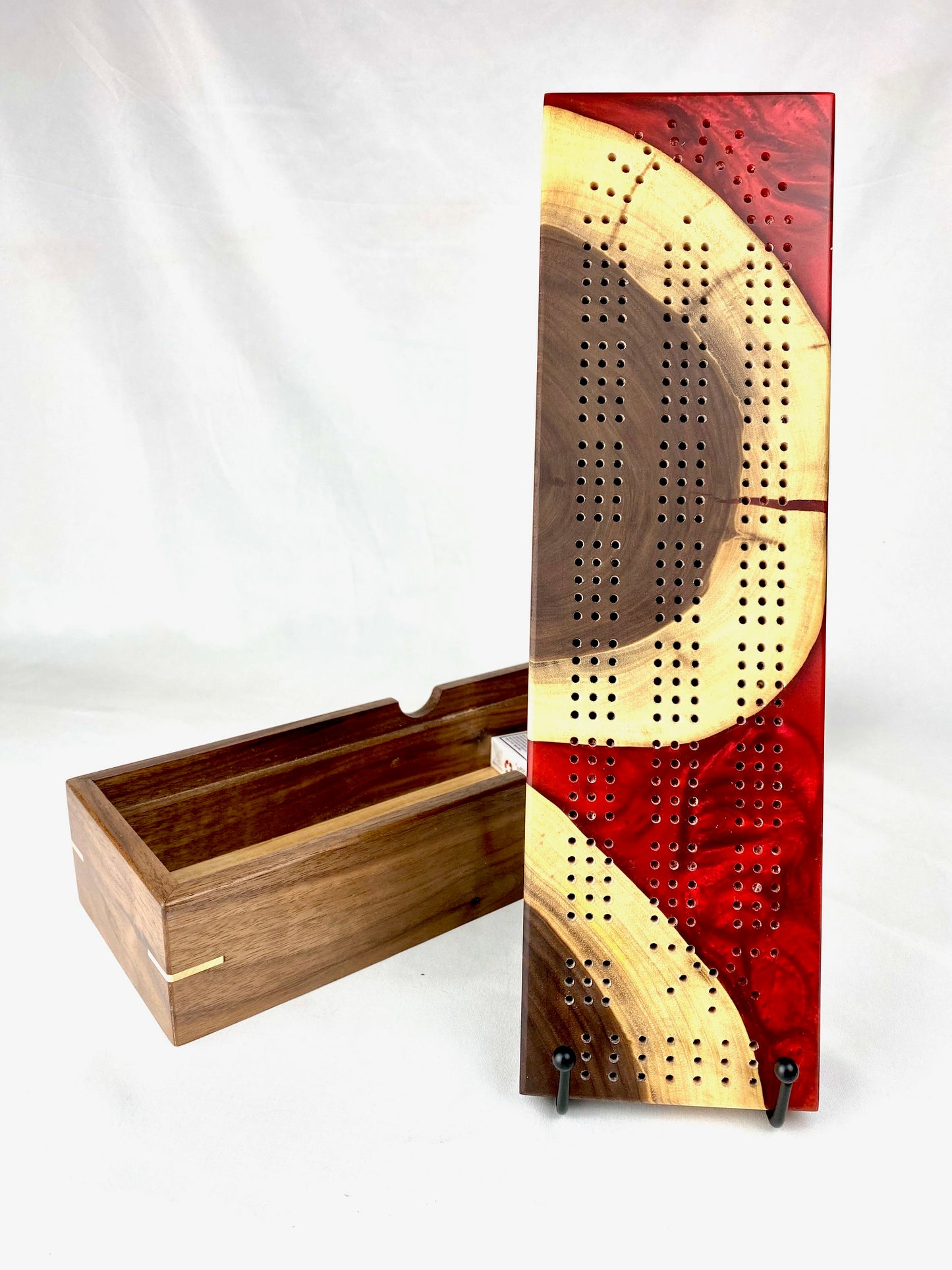 Handcrafted Walnut and Resin Cribbage Board with Storage Box