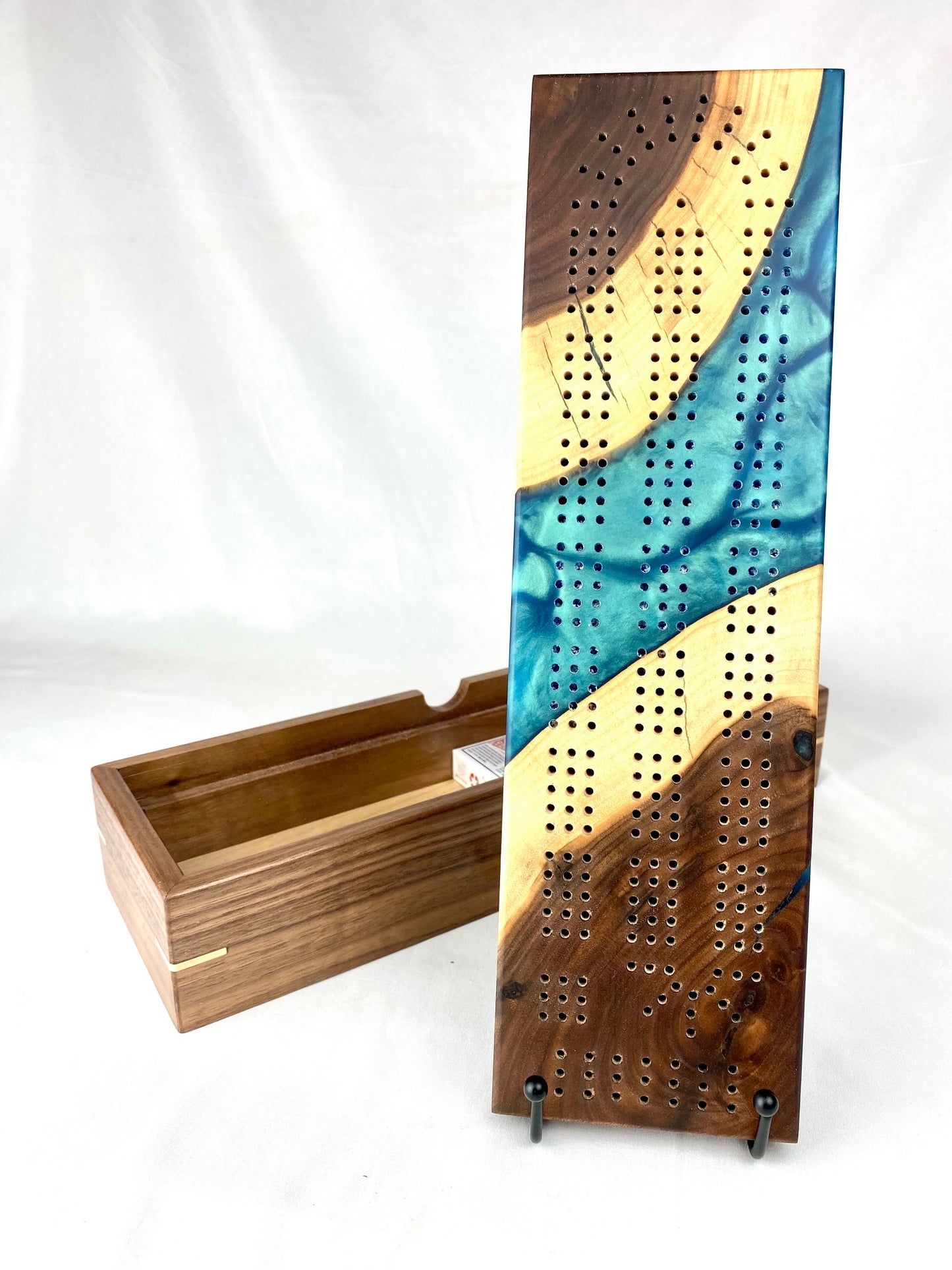 Handcrafted Walnut and Resin Cribbage Board with Storage Box