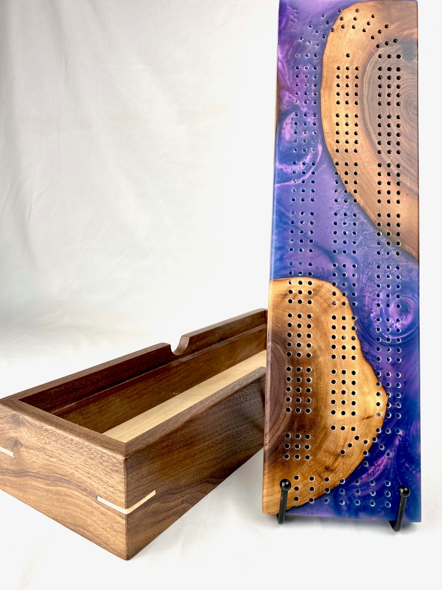 Handcrafted Walnut and Resin Cribbage Board with Storage Box