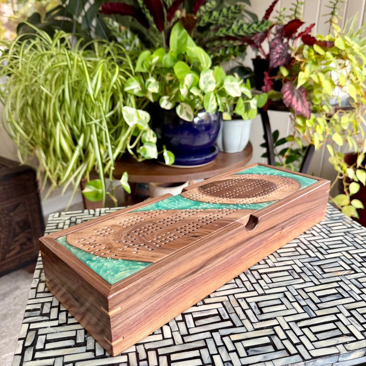 Handcrafted Walnut & Nebula Green Cribbage Board with Storage Box