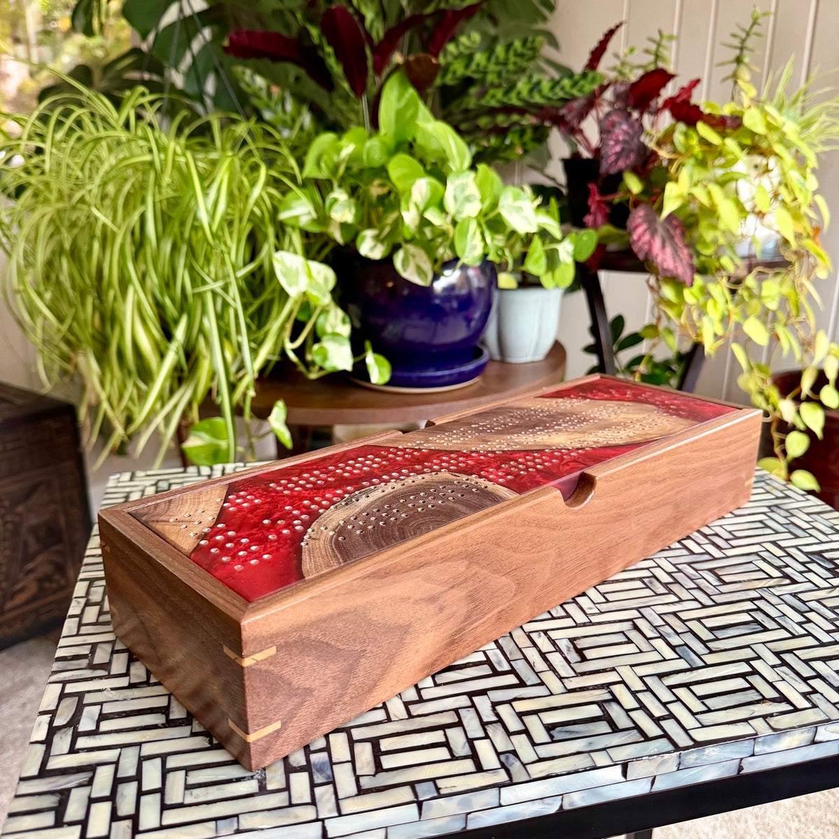 Handcrafted Walnut & Red Cribbage Board with Storage Box