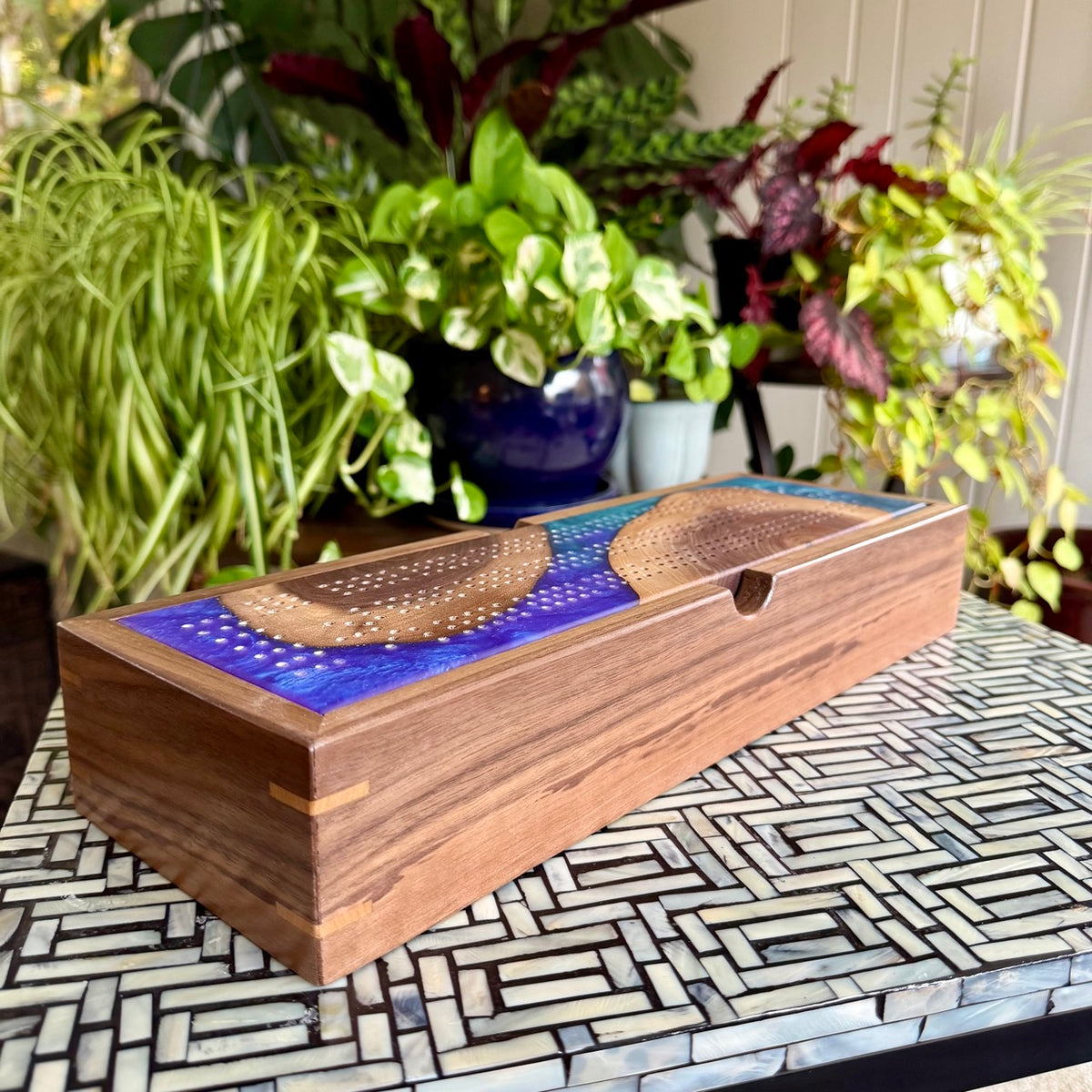 Handcrafted Walnut & Macaw Blue Green Cribbage Board with Storage Box