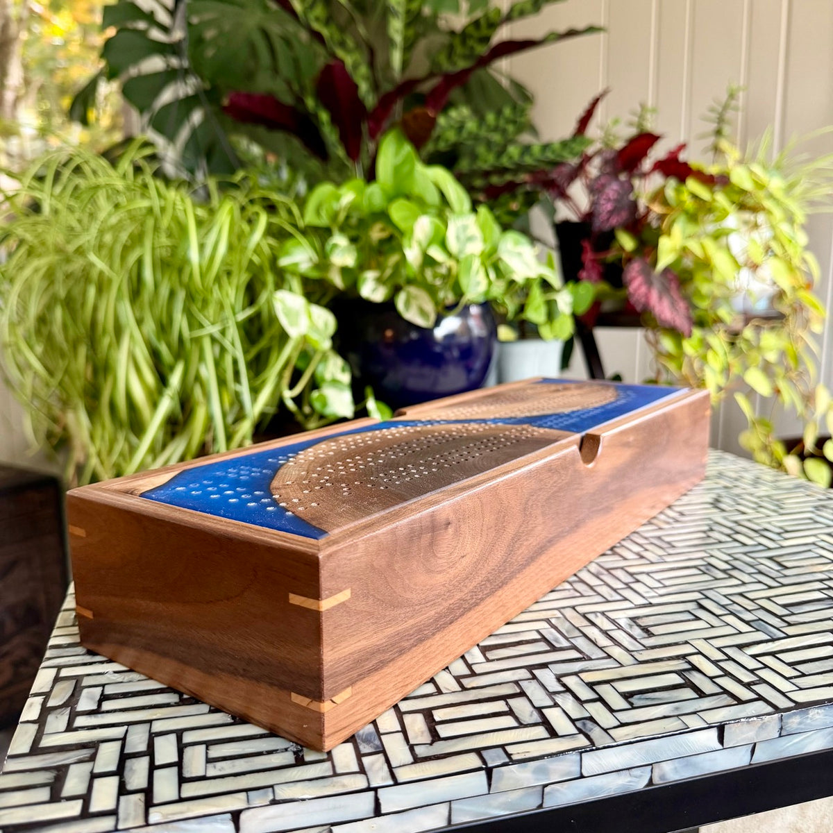 Handcrafted Walnut & Royal Blue Cribbage Board with Storage Box