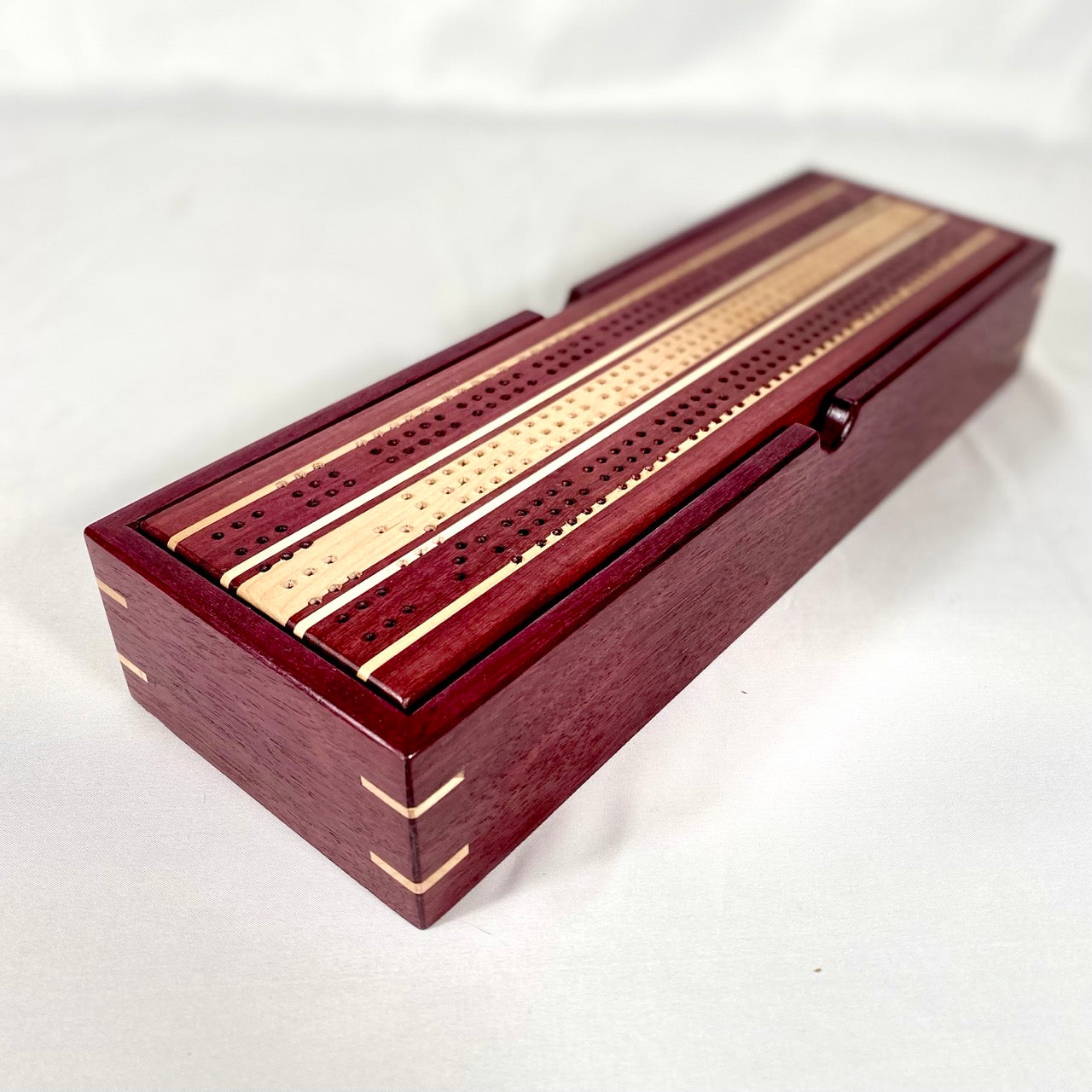 Handcrafted Purpleheart and Maple Cribbage Board with Storage Box