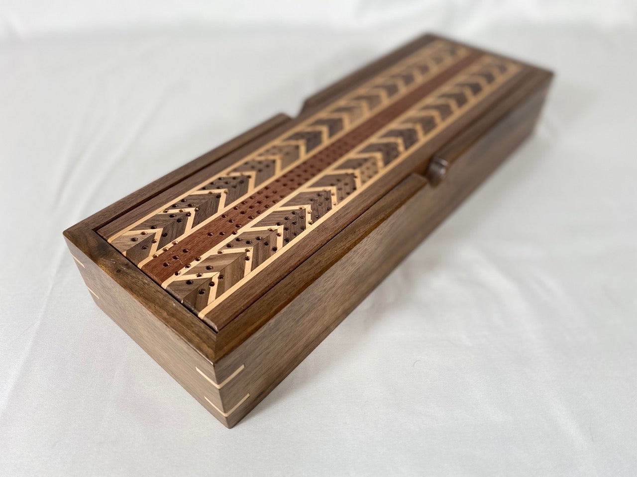 Handcrafted Double Chevron Cribbage Board with Storage Box