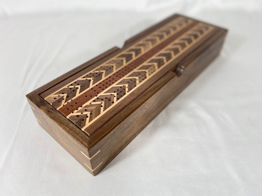 Handcrafted Double Chevron Cribbage Board with Storage Box