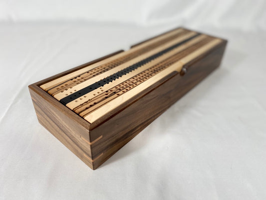 Handcrafted Zebrawood Wenge Striped Cribbage Board with Storage Box