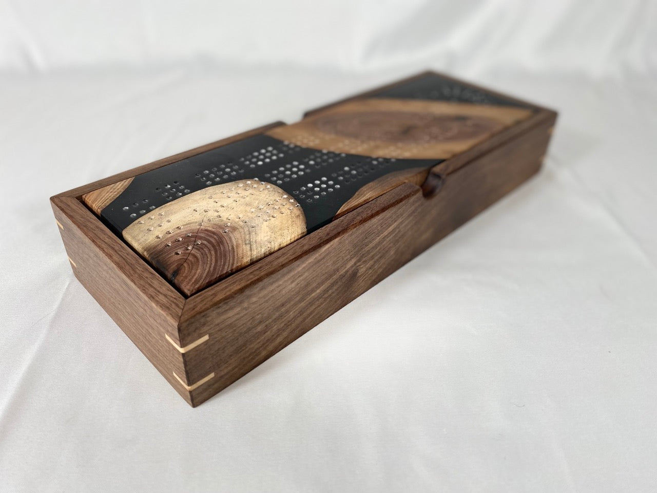Handcrafted Walnut with Black Resin Cribbage Board with Storage Box
