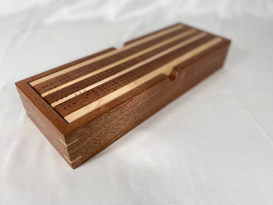 Handcrafted Sapele Striped Cribbage Board with Storage Box