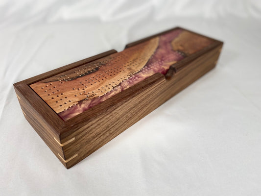 Handcrafted Eucalyptus Burl and Rose Gold Resin Cribbage Board with Storage Box