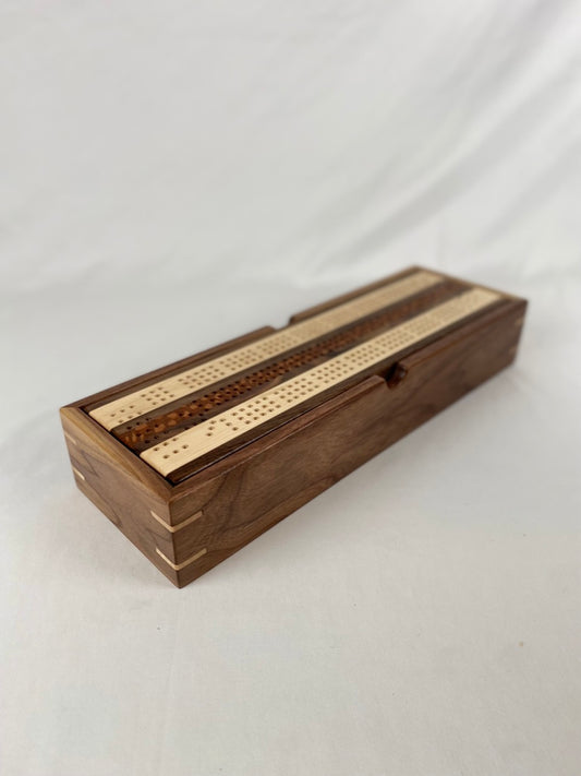 Handcrafted Leopardwood Striped Cribbage Board with Storage Box