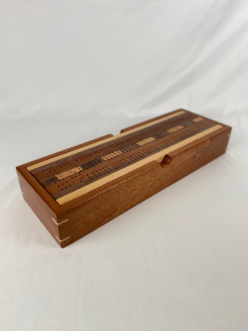 Handcrafted Sapele Checker Stripe Cribbage Board with Storage Box