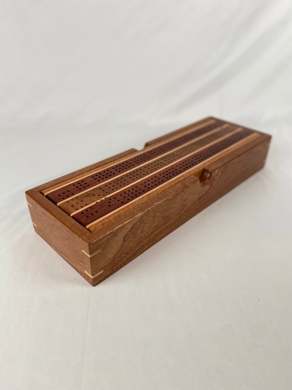 Handcrafted Mahogany and Bloodwood Stripe Cribbage Board with Storage Box