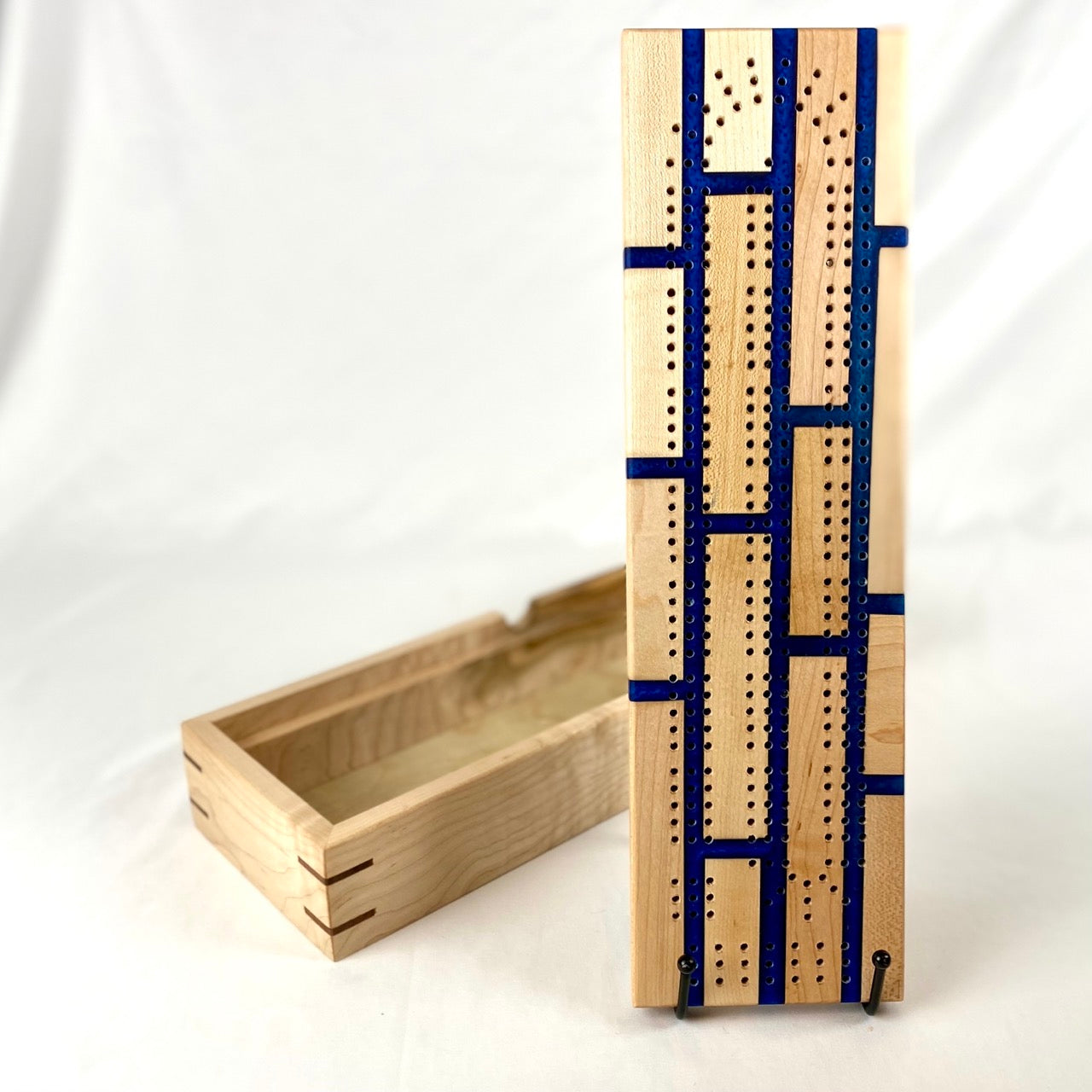 Handcrafted Maple Brick and Blue Resin Cribbage Board with Storage Box