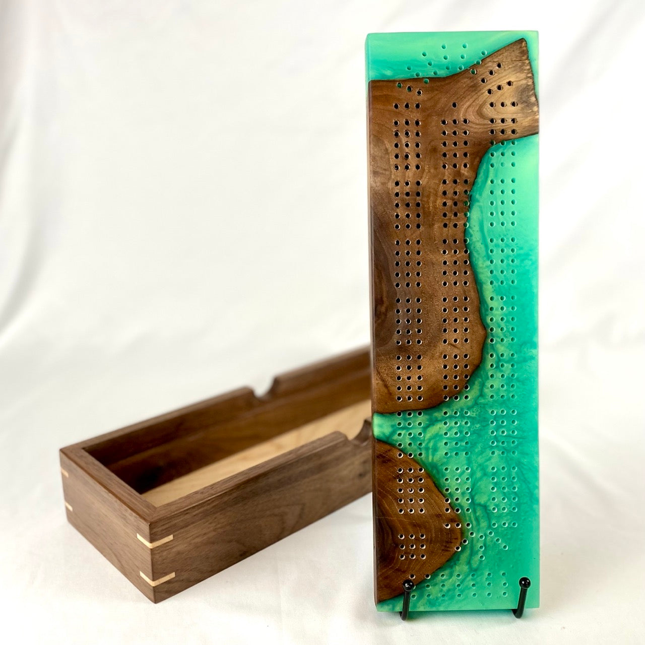 Handcrafted Walnut and Nebula Green Resin Cribbage Board with Storage Box