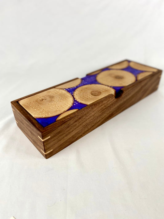 Handcrafted Blue Violet Birch Circles Cribbage Board with Storage Box