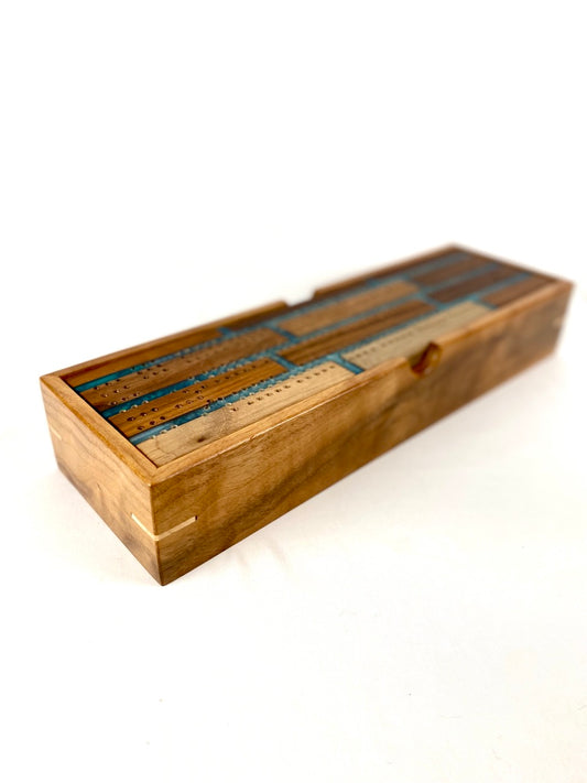 Handcrafted Teal & Walnut Brick Cribbage Board with Storage Box
