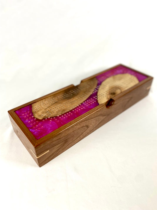 Handcrafted Walnut and Iridescent Pink Cribbage Board with Storage Box