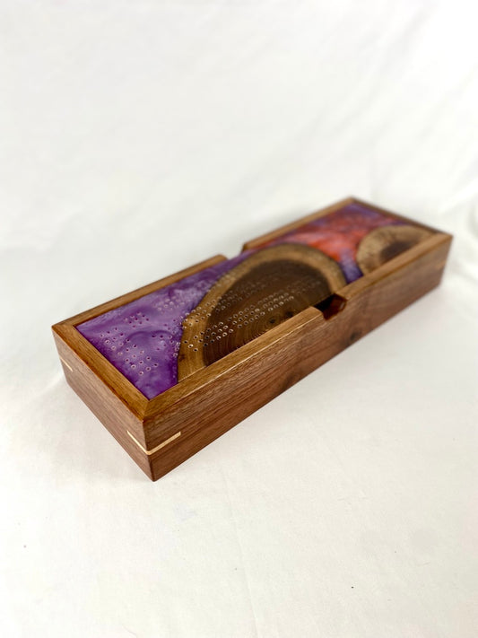 Handcrafted Walnut with Purple & Orange Swirl Cribbage Board with Storage Box