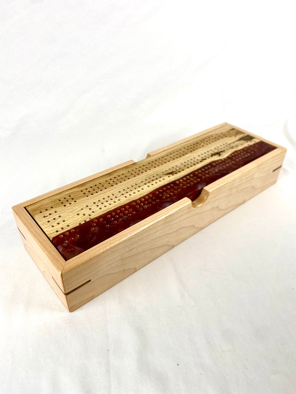 Handcrafted Black Locust Slab with Iridescent Red Cribbage Board with Storage Box