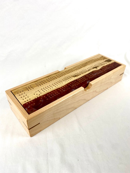 Handcrafted Black Locust Slab with Iridescent Red Cribbage Board with Storage Box