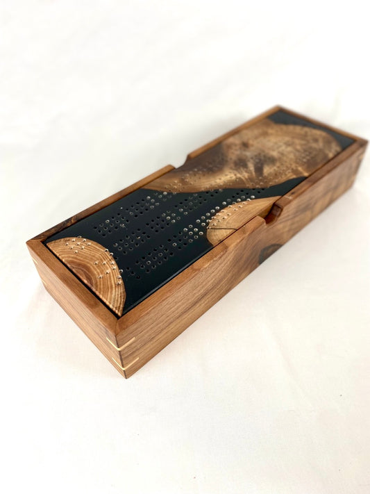 Handcrafted Walnut with Black Resin Cribbage Board with Storage Box