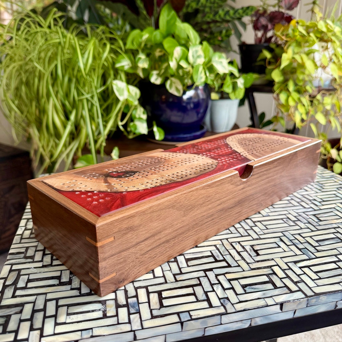 Handcrafted Walnut & Red Cribbage Board with Storage Box