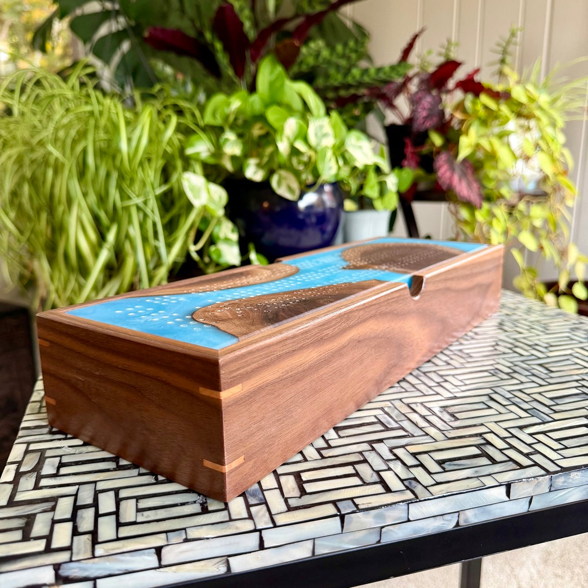 Handcrafted Walnut & Ice Blue Cribbage Board with Storage Box