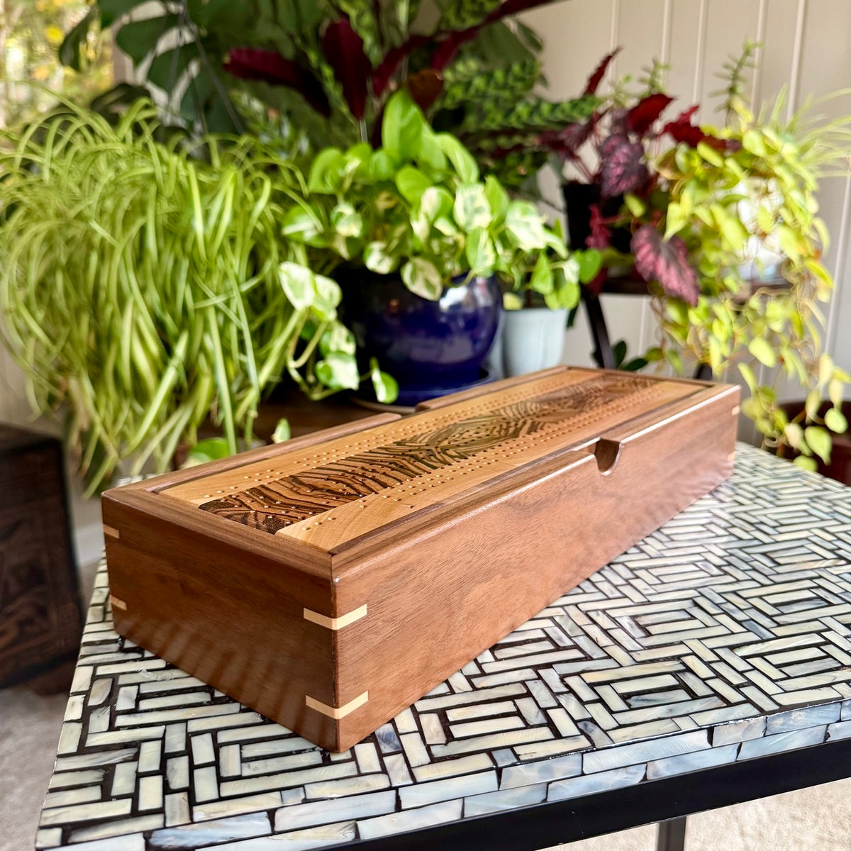 Handcrafted Zebra Cribbage Board with Storage Box