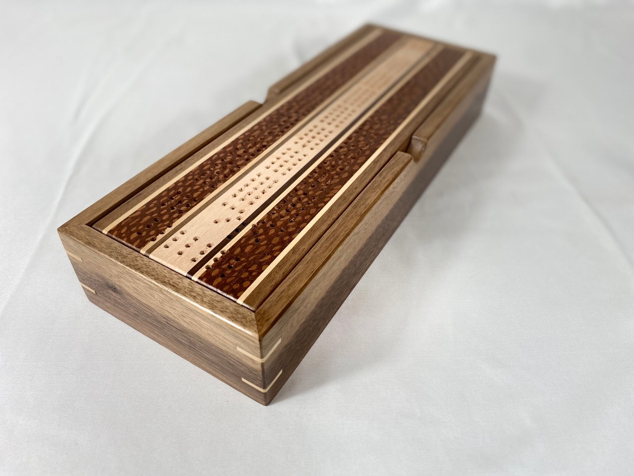 Handcrafted Leopardwood Striped Cribbage Board with Storage Box
