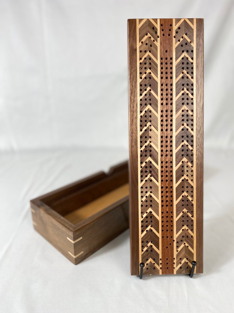 Handcrafted Double Chevron Cribbage Board with Storage Box