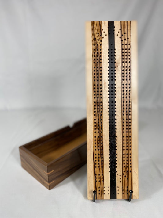 Handcrafted Zebrawood Wenge Striped Cribbage Board with Storage Box
