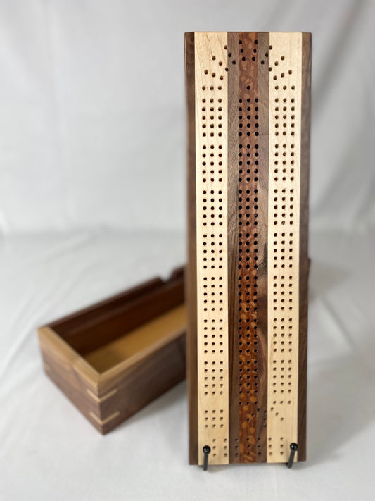 Handcrafted Leopardwood Striped Cribbage Board with Storage Box