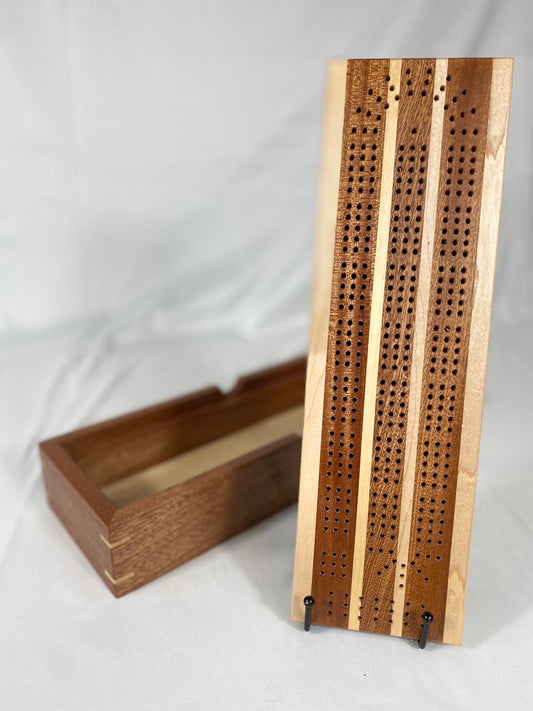 Handcrafted Sapele Striped Cribbage Board with Storage Box