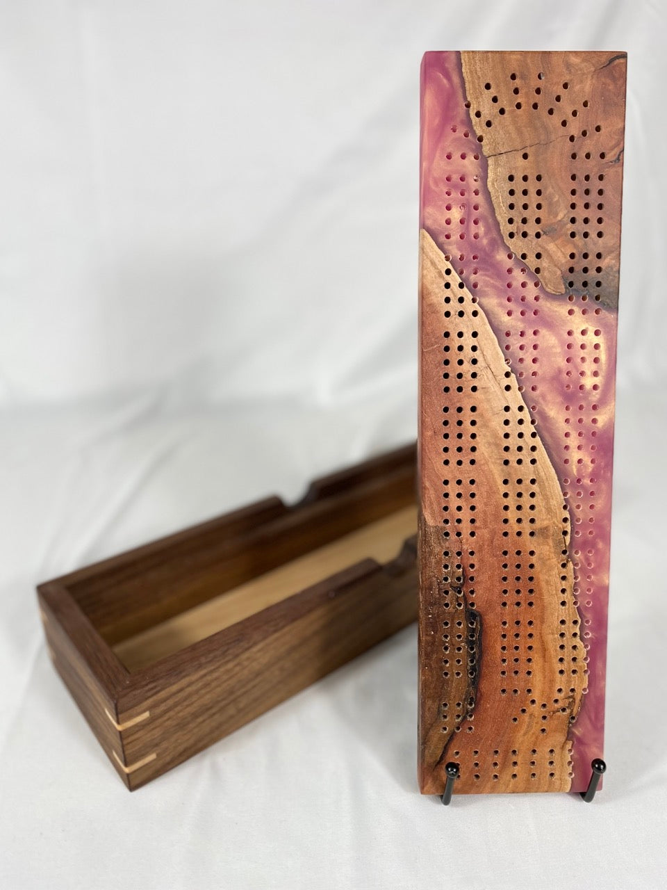 Handcrafted Eucalyptus Burl and Rose Gold Resin Cribbage Board with Storage Box