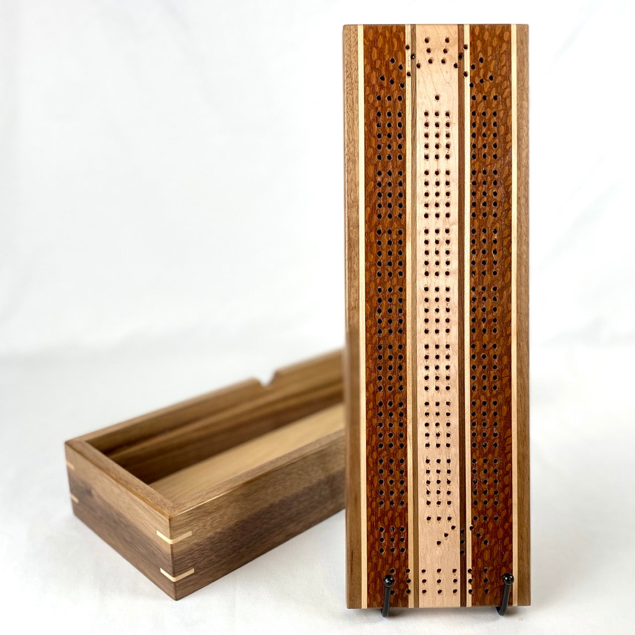 Handcrafted Leopardwood Striped Cribbage Board with Storage Box