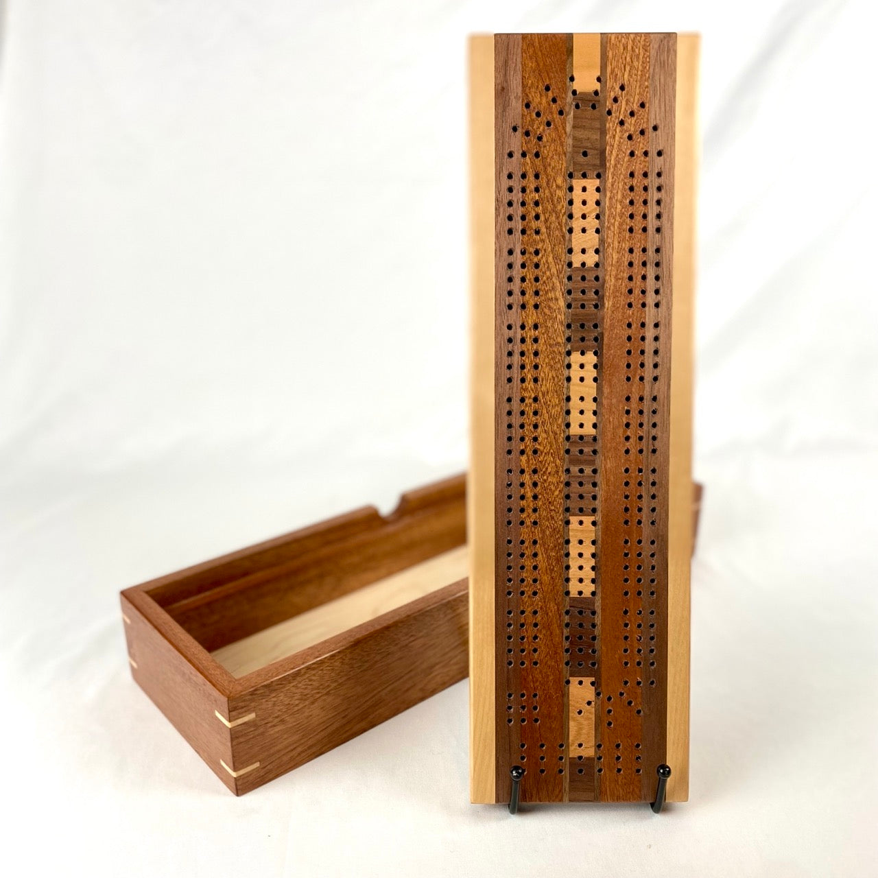 Handcrafted Sapele Checker Stripe Cribbage Board with Storage Box