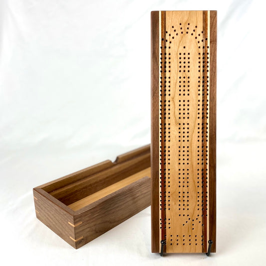 Handcrafted Wide Cherry Stripe Cribbage Board with Storage Box