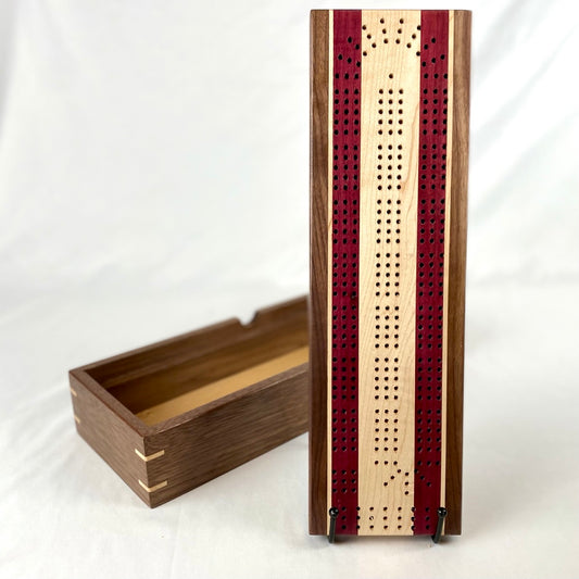 Handcrafted Purpleheart Stripe Cribbage Board with Storage Box