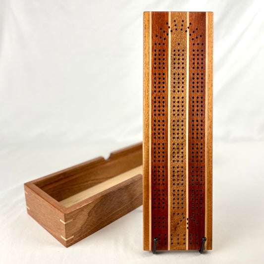Handcrafted Mahogany and Bloodwood Stripe Cribbage Board with Storage Box