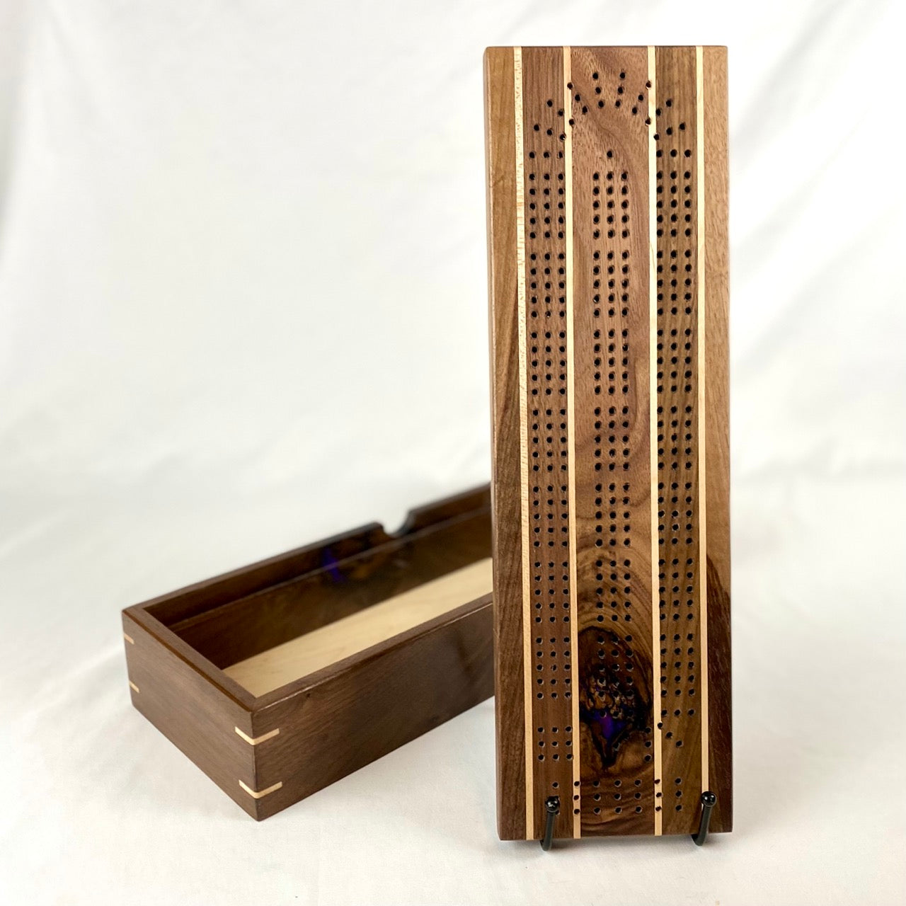 Handcrafted Walnut Stripe Cribbage Board with Storage Box