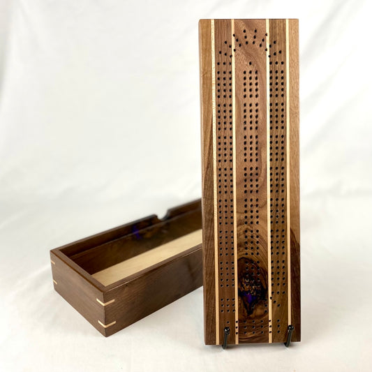 Handcrafted Walnut Stripe Cribbage Board with Storage Box