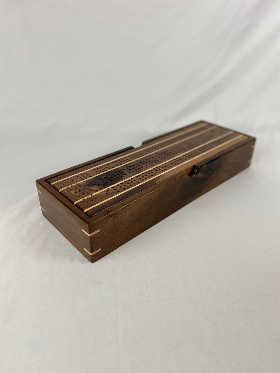 Handcrafted Walnut Stripe Cribbage Board with Storage Box
