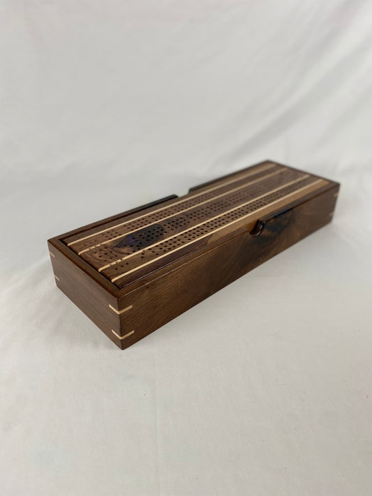 Handcrafted Walnut Stripe Cribbage Board with Storage Box