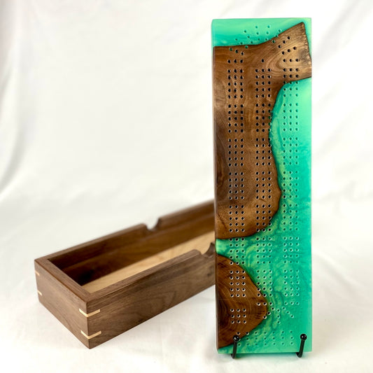 Handcrafted Walnut and Nebula Green Resin Cribbage Board with Storage Box