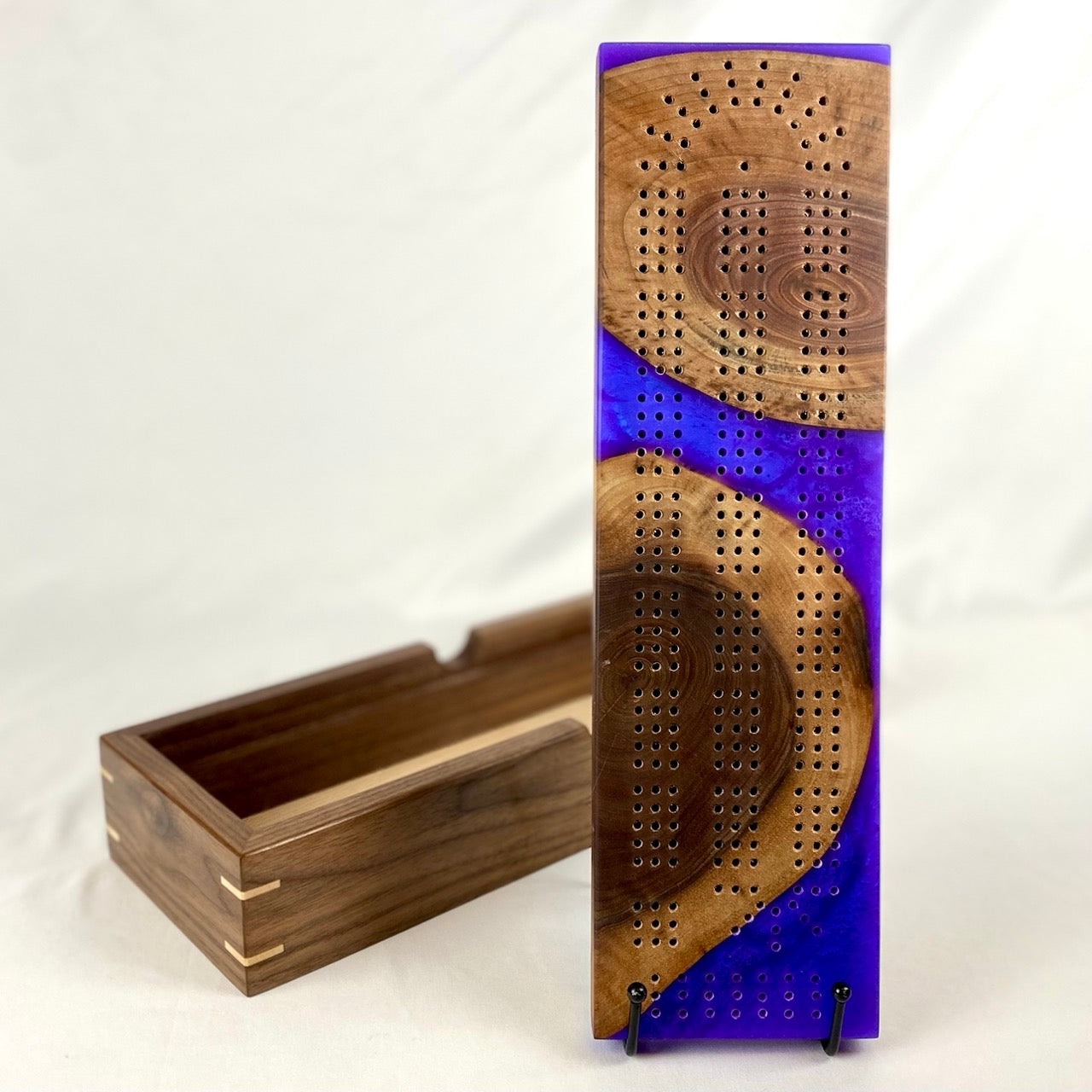 Handcrafted Walnut with Blue Violet Resin Cribbage Board with Storage Box